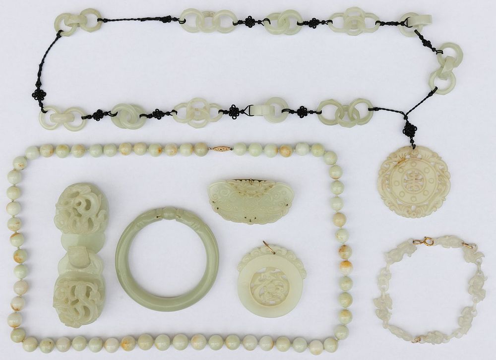 Lot 358: Carved Jadeite Jade and Soapstone Jewelry Assortment