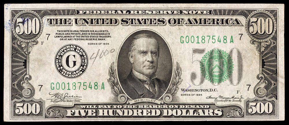 Lot 374: 1934 $500 Chicago Federal Reserve Note VF