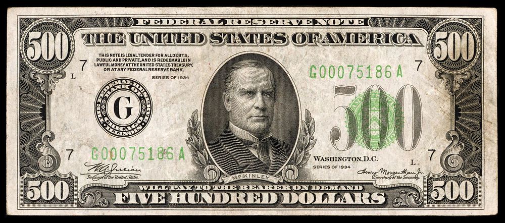 Lot 375: 1934 $500 Chicago Federal Reserve Note VF/XF