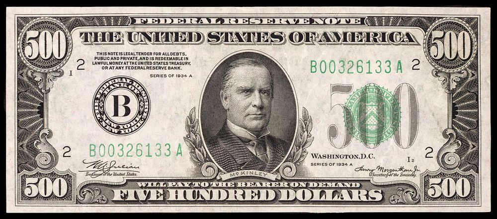 Lot 376: 1934-A $500 New York Federal Reserve Note AU+
