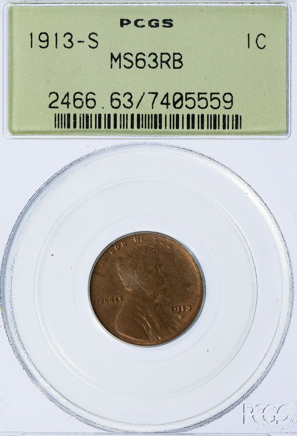 Lot 385: 1913-S 1c MS-63 RB PCGS