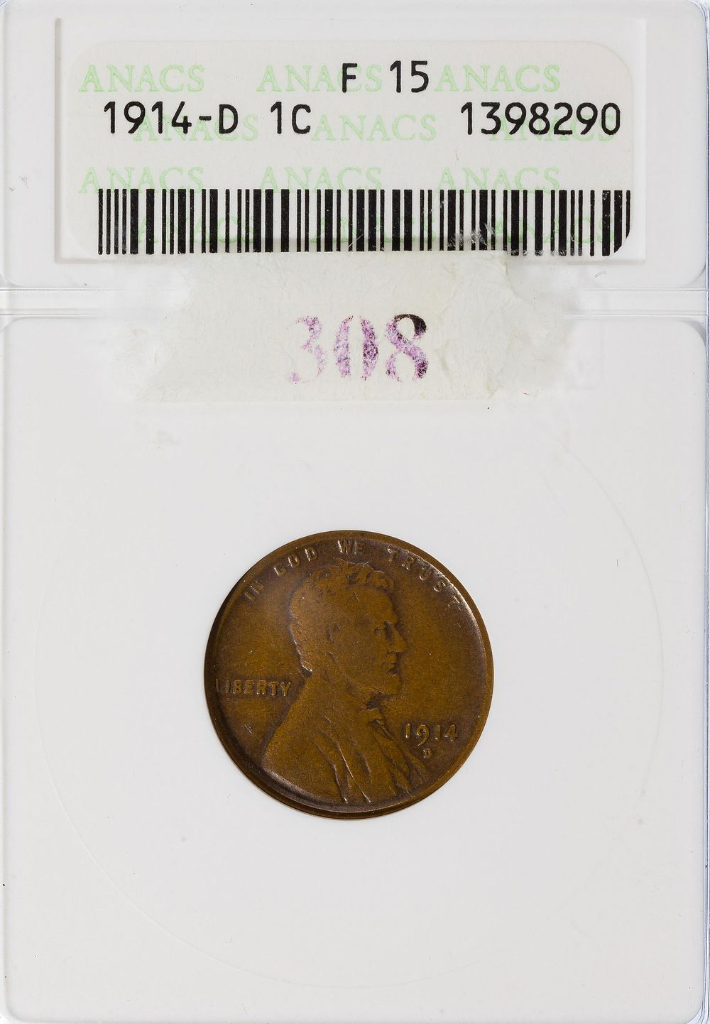 Lot 387: 1914-D 1c F-15 ANACS