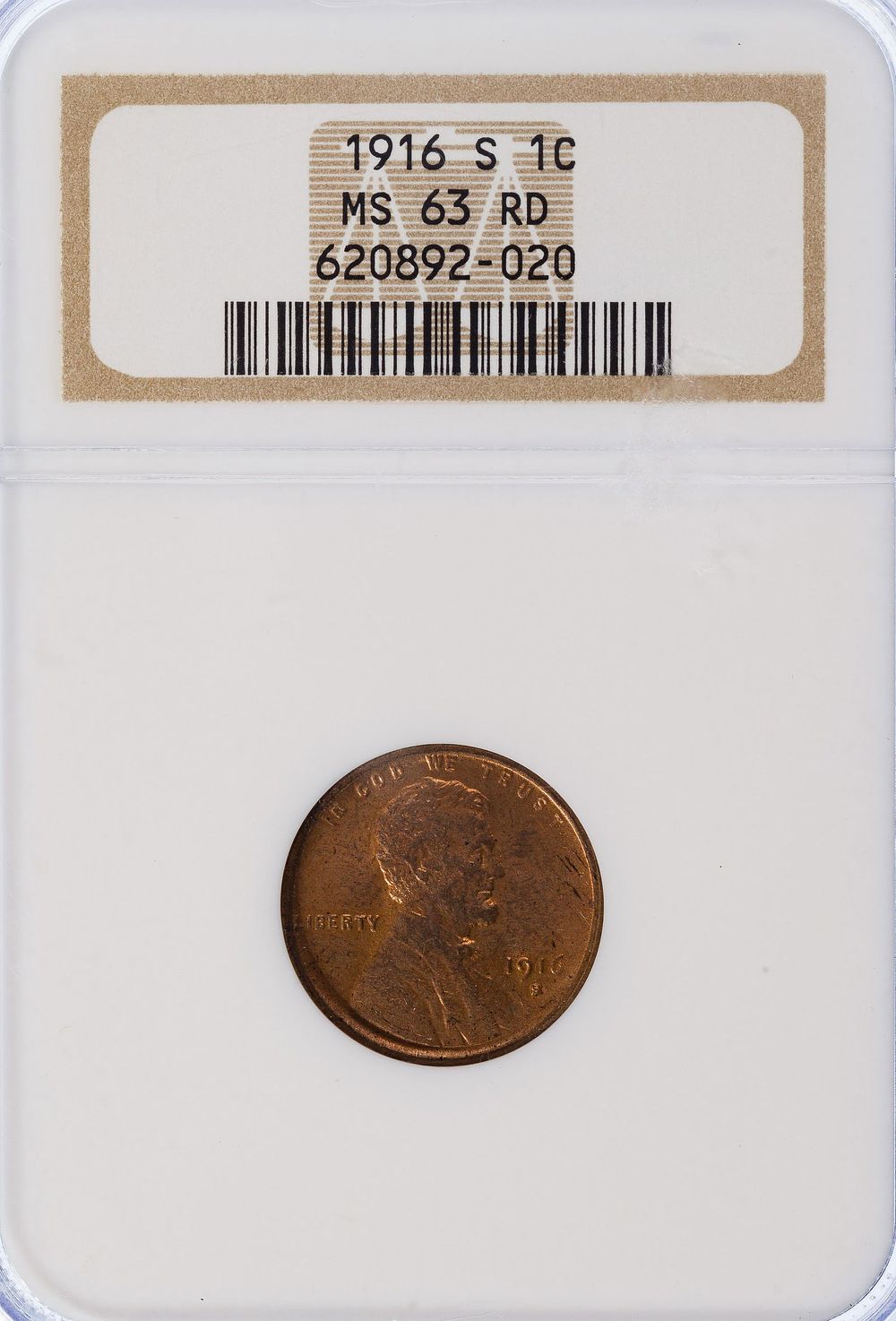 Lot 392: 1916-S 1c MS-63 RD NGC