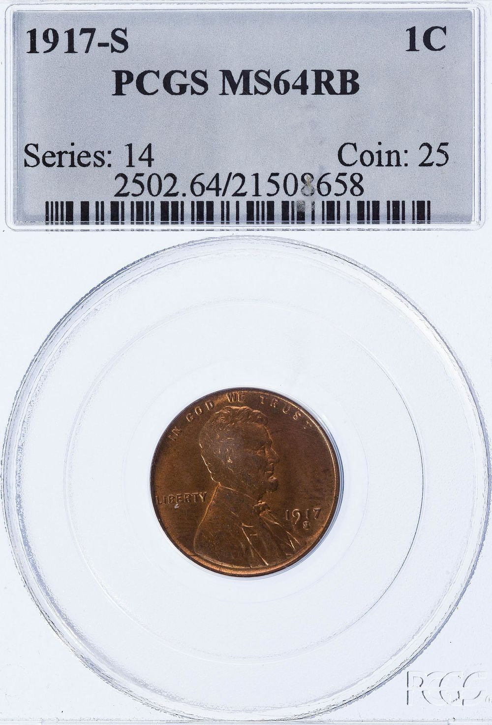 Lot 395: 1917-S 1c MS-64 RB PCGS