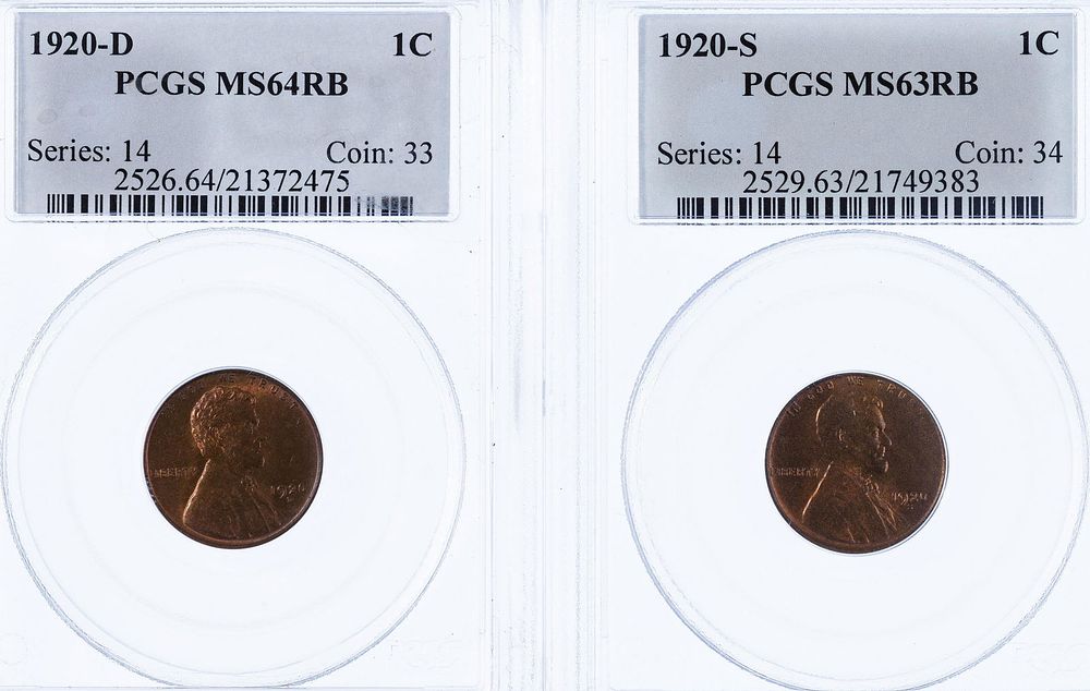 Lot 398: 1920-D 1c MS-64 RB PCGS and 1920-S 1c MS-63 RB PCGS