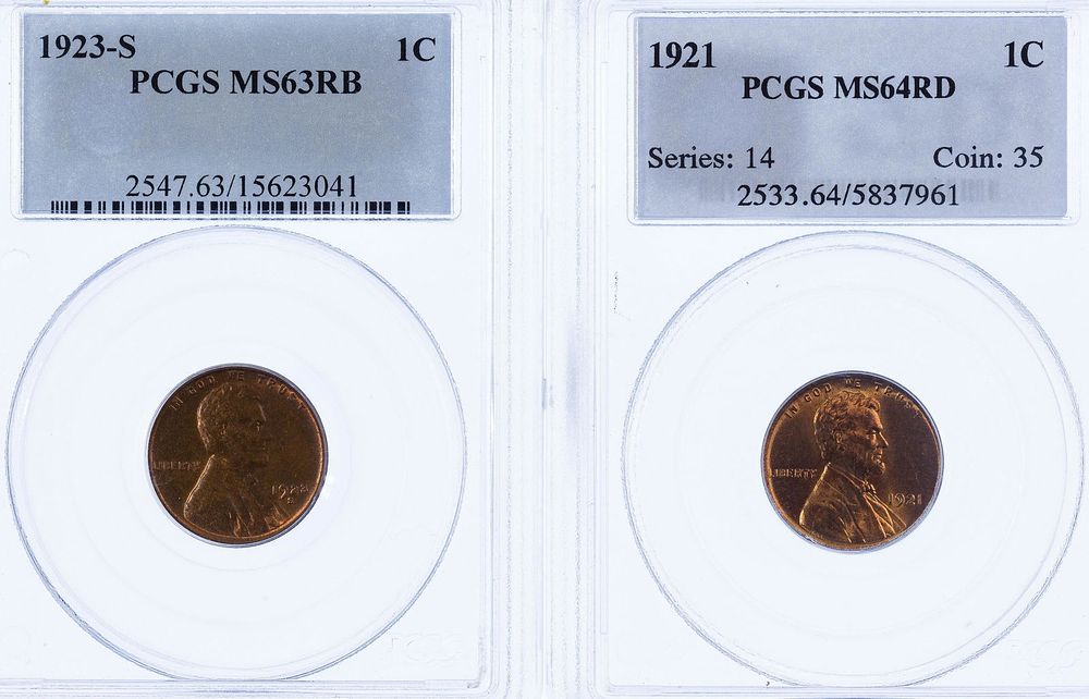 Lot 399: 1921 1c MS-64 RD PCGS and 1923-S 1c MS-63 RB PCGS