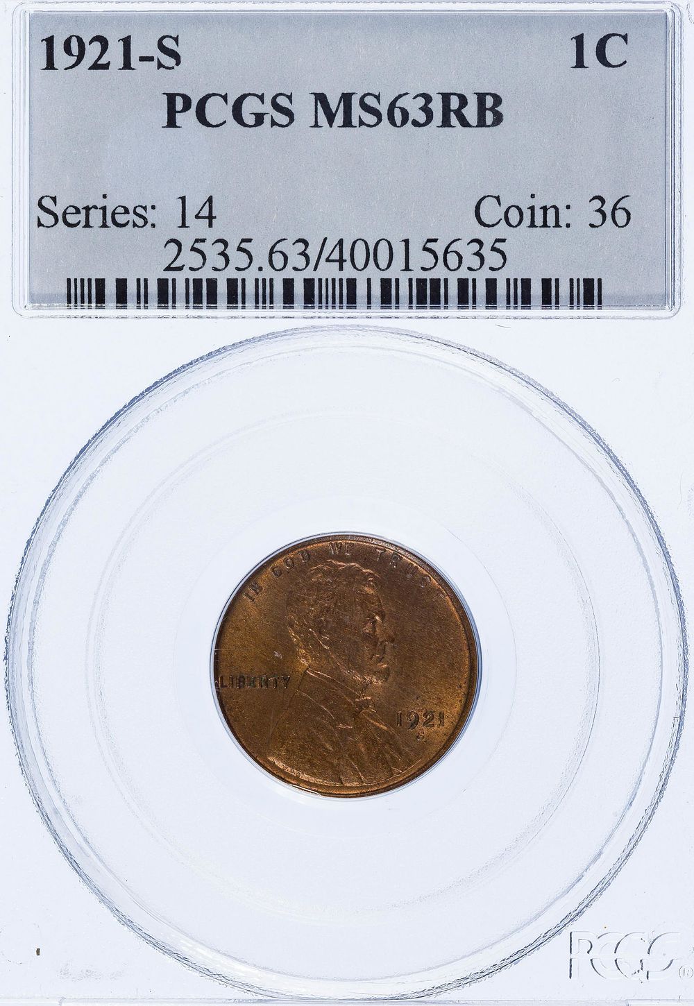 Lot 400: 1921-S 1c MS-63 RB PCGS