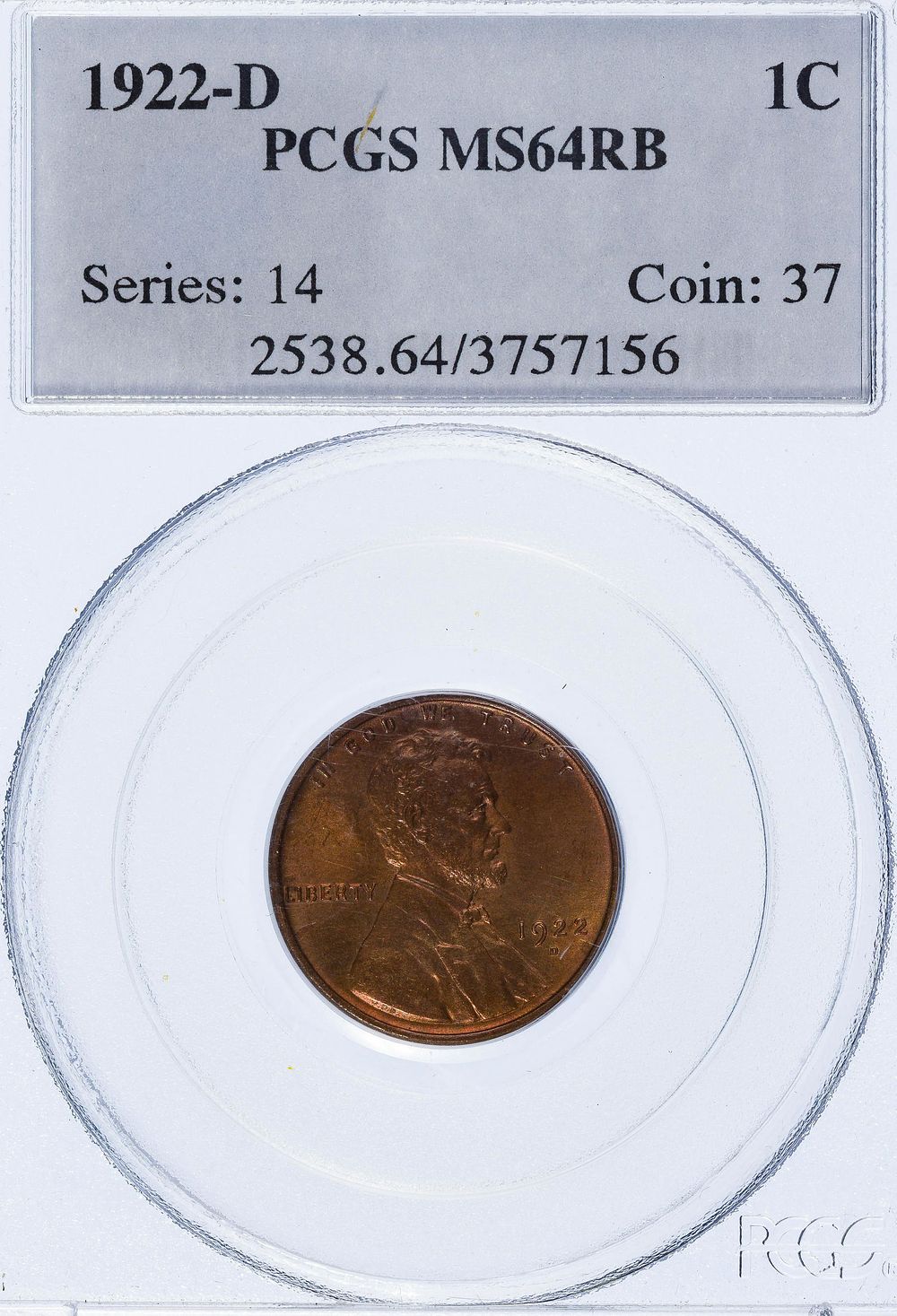 Lot 401: 1922-D 1c MS-64 RB PCGS