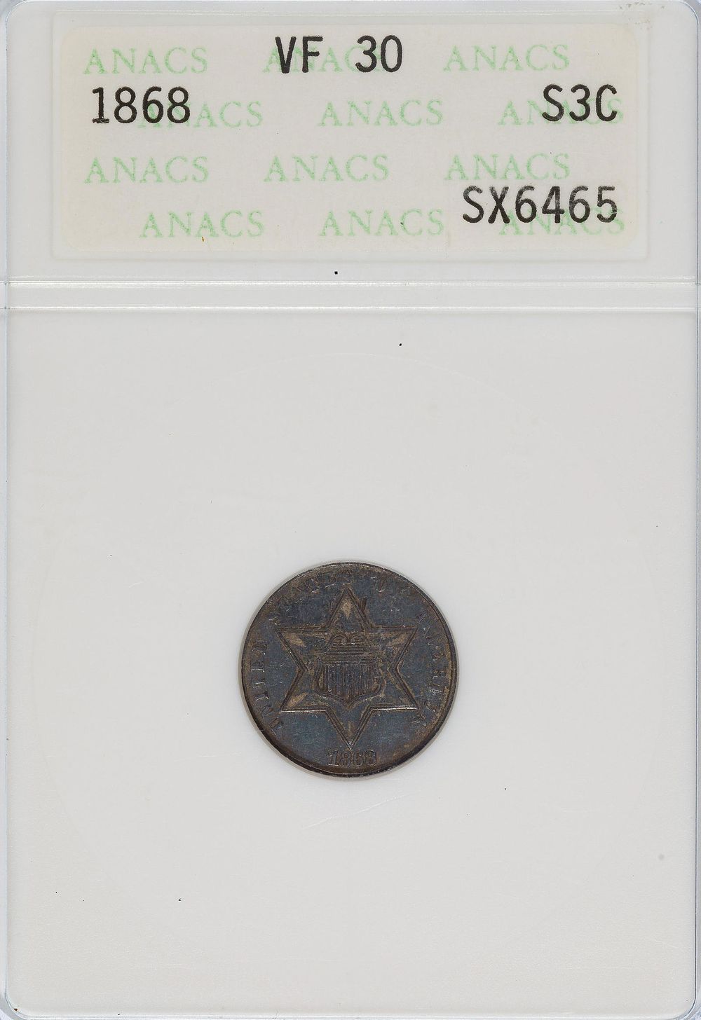 Lot 408: 1868 3c VF-30 ANACS