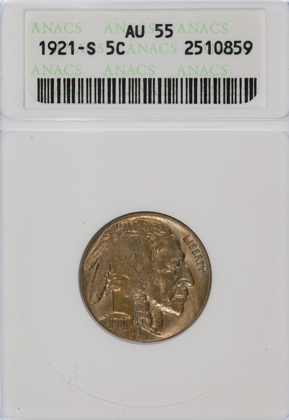 Lot 421: 1921-S 5c AU-55 ANACS