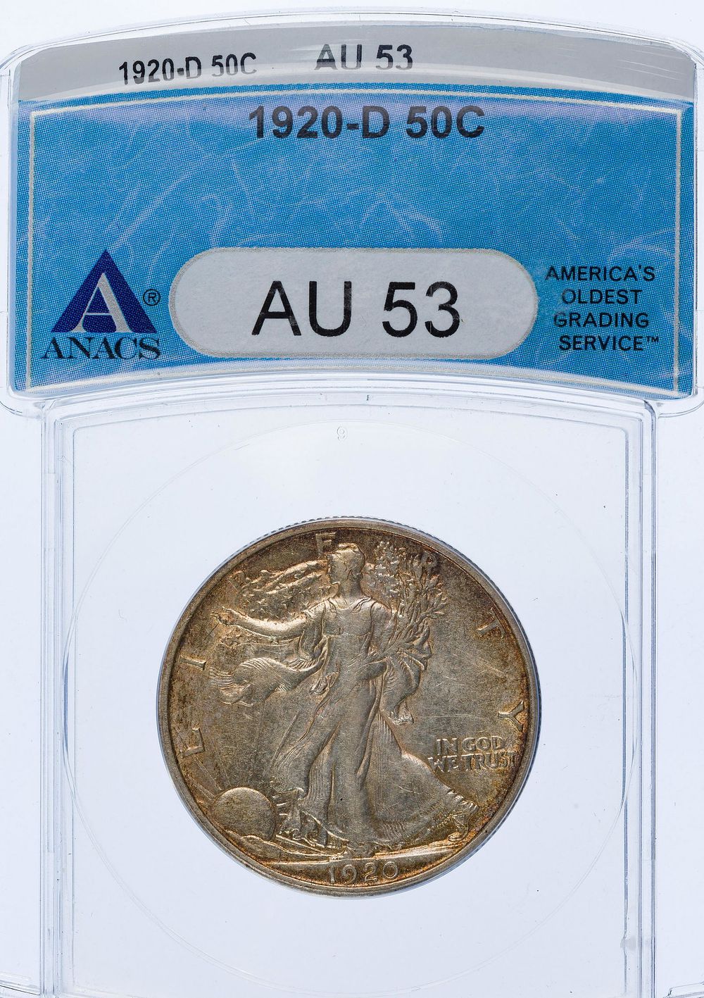 Lot 442: 1920-D 50c AU-53 ANACS