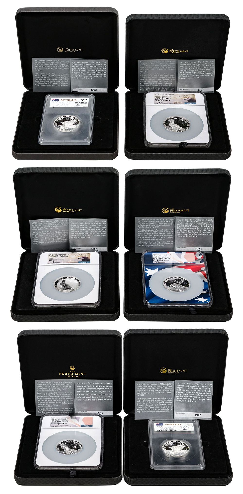 Lot 496: Australia: 2014-2019 5oz Silver $8 Proof Eagle High