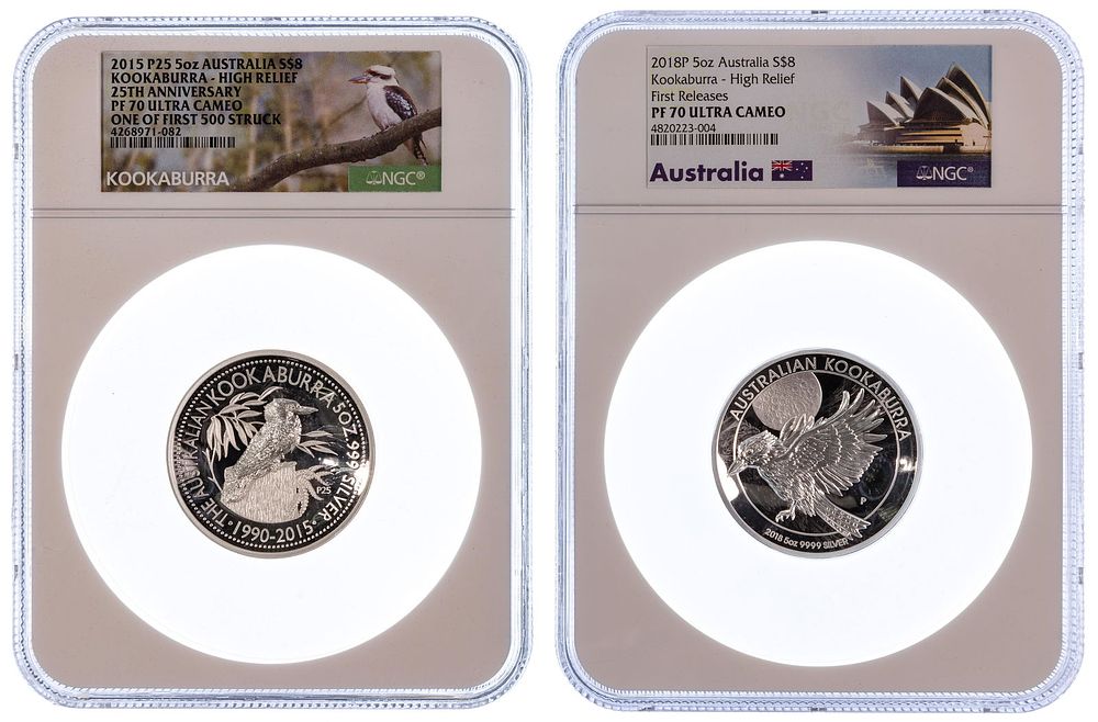 Lot 498: Australia: 2015 and 2018 $8 Kookaburra 5oz Silver Proof