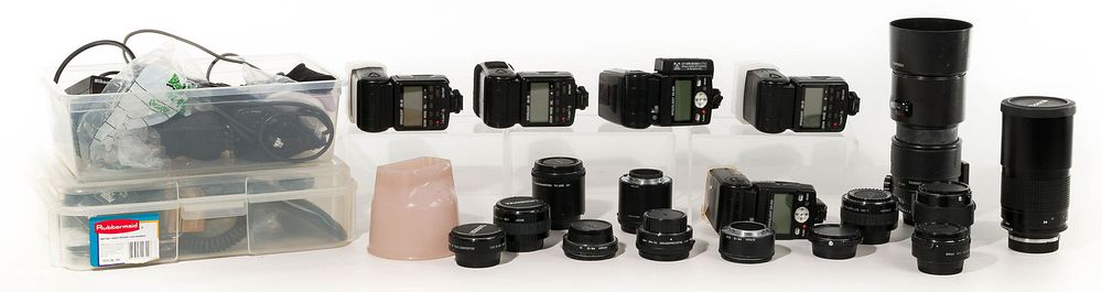 Lot 447: Camera Lenses, Tele Converter and Flash Assortment