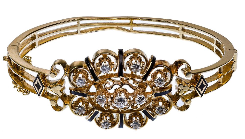Lot 496: 14k Yellow Gold, Enamel and Diamond Hinged Bangle