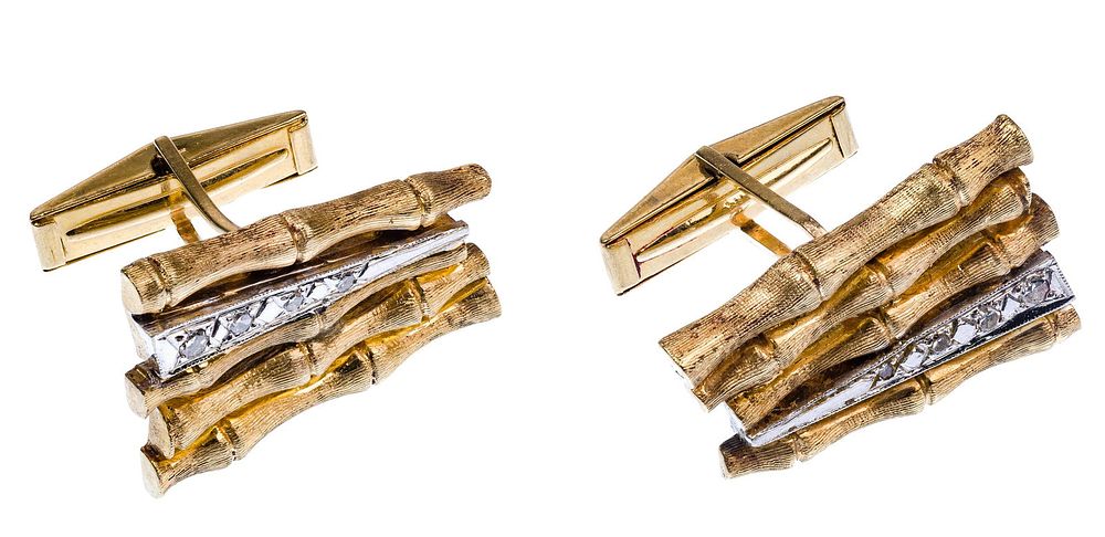 Lot 509: Blu-Bell 14k Yellow Gold and Diamond Bamboo Cufflinks