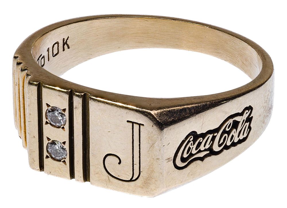Lot 518: 10k Yellow Gold and Diamond 'Coca-Cola' Signet Ring