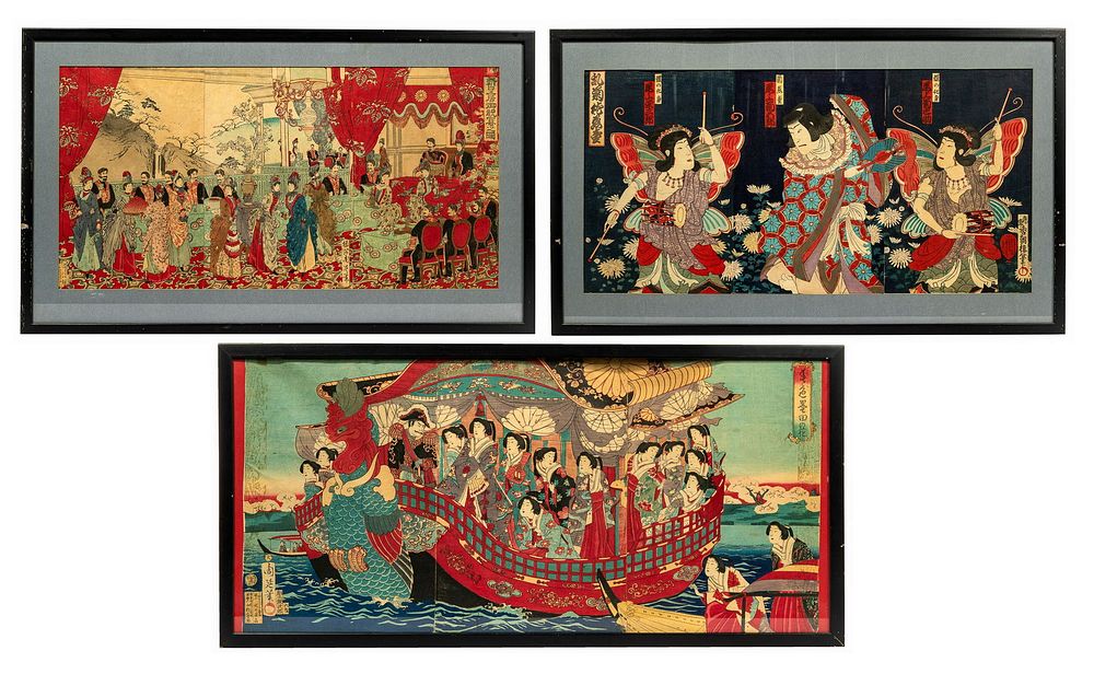 Lot 224: Japanese Meiji Period Ukiyo-e Triptych Assortment