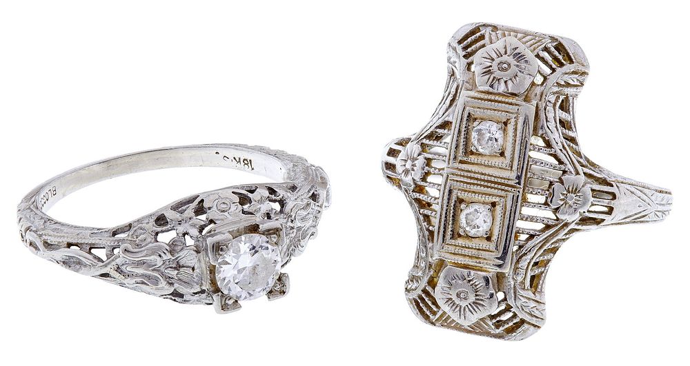 Lot 386: 18k White Gold and Diamond Art Deco Style Rings