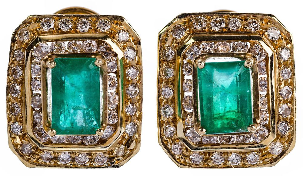 Lot 399: 14k Yellow Gold, Emerald and Diamond Pierced Earrings
