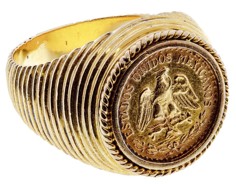Lot 456: Mexican Gold Coin in 18k Yellow Gold Ring