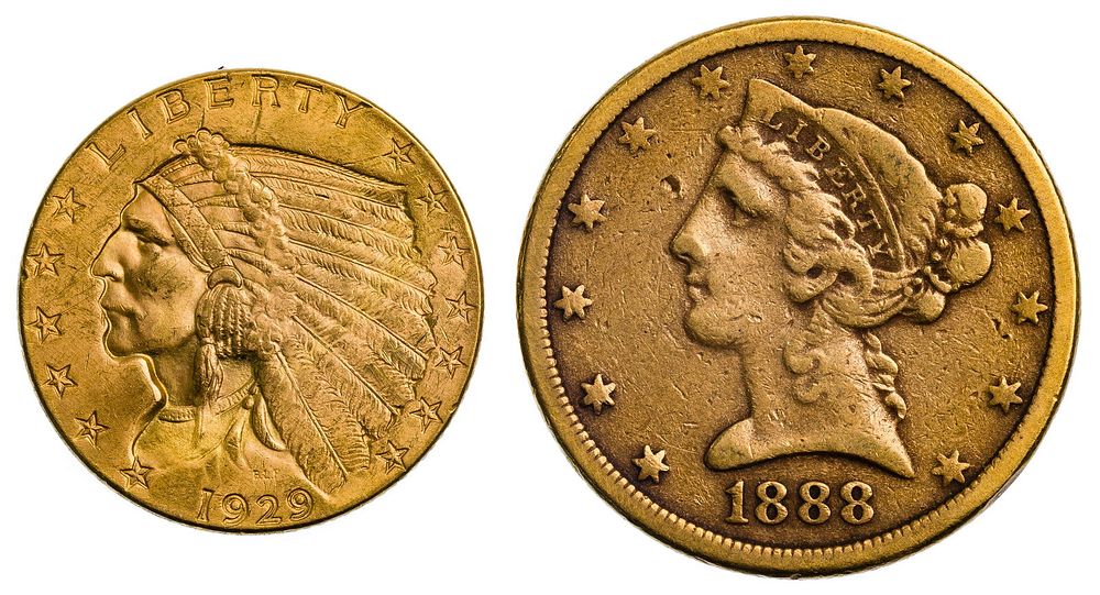 Lot 566: 1888-S $5 and 1929 $2 1/2 Gold VF/Unc.