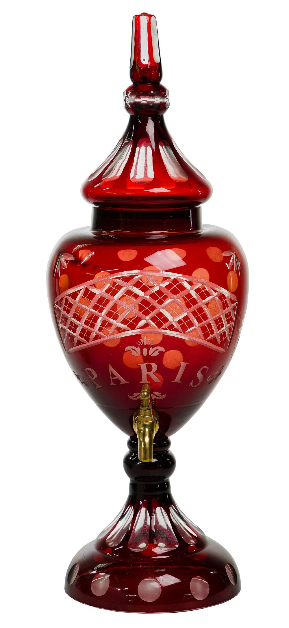Lot 188: Ruby Red Cut to Clear Glass Beverage Dispenser