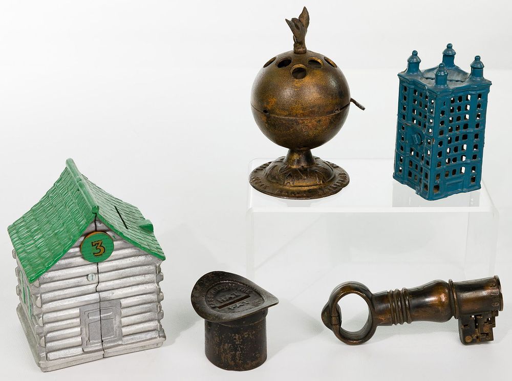 Lot 267: Novelty Cast Iron and Aluminum Still Bank Assortment