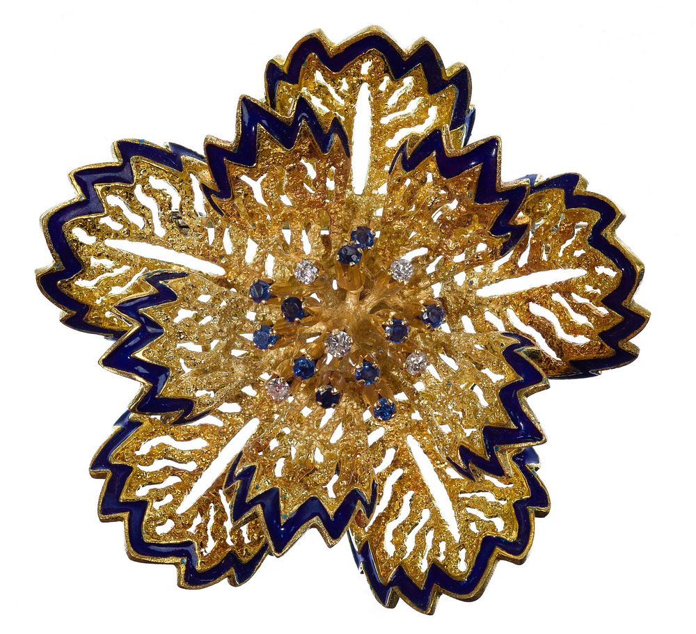Lot 479: 18k Yellow Gold, Enamel and Gemstone Brooch