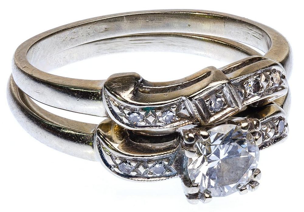 Lot 494: 14k White Gold and Diamond Wedding Set
