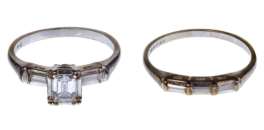 Lot 495: 14k White Gold and Diamond Wedding Band Set