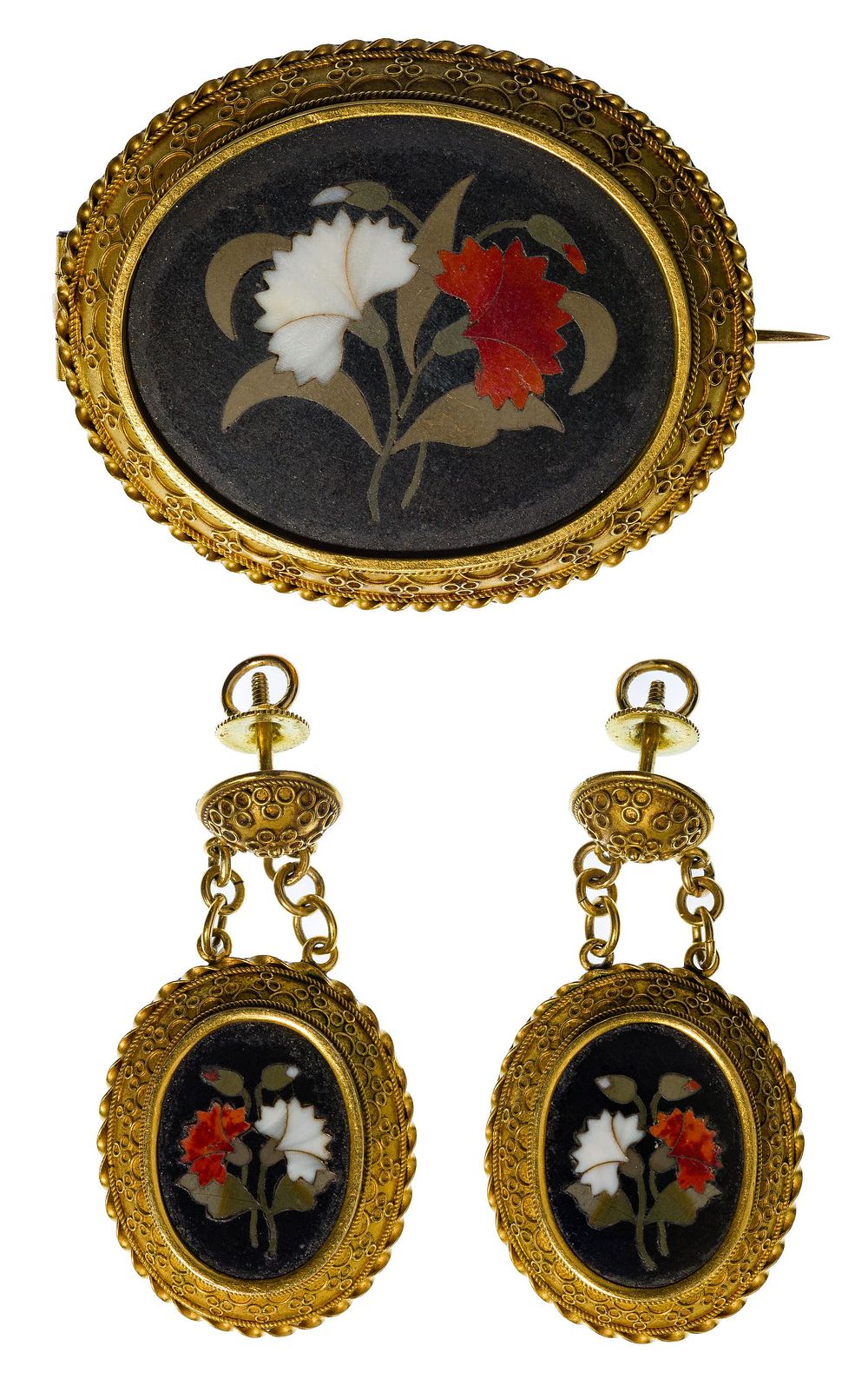 Lot 505: 14k Yellow Gold and Pietra Dura Jewelry Suite