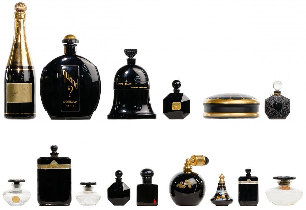Lot 230: Black Glass Perfume Bottle and Vanity Assortment