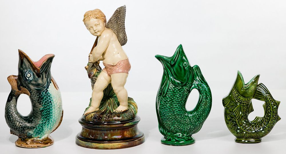 Lot 305: Majolica Figurine and Fish Gurgler Mug Assortment