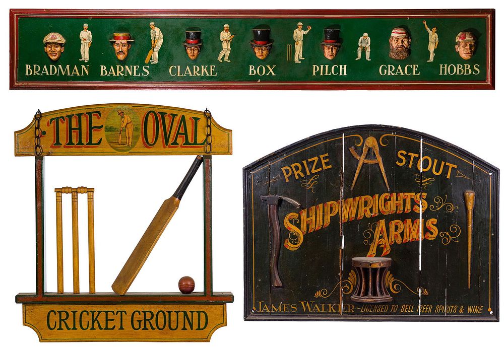 Lot 380: Carved Wood Cricket and Pub Sign Assortment