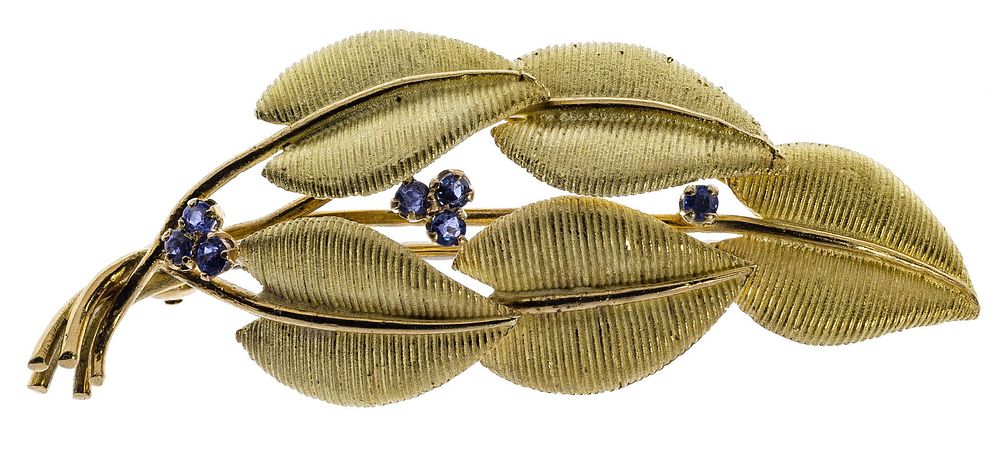 Lot 273: Tiffany & Co 18k Yellow Gold and Sapphires Leaf Brooch