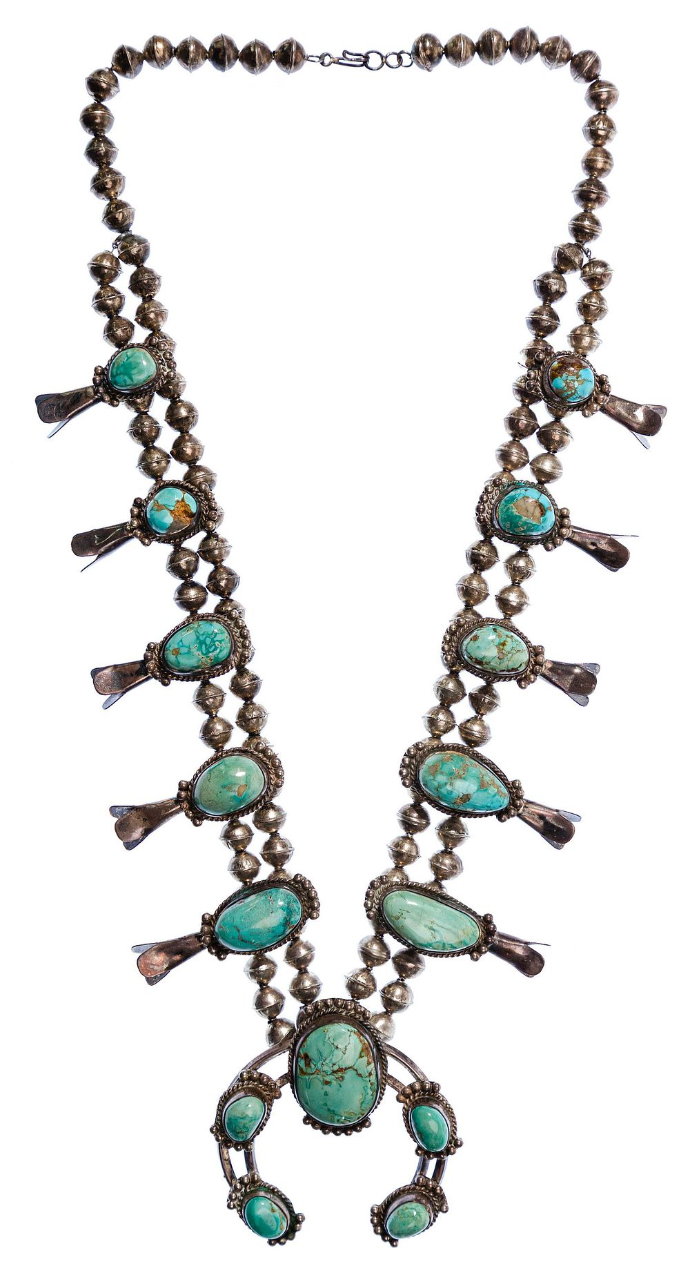 Lot 323: Sterling Silver and Turquoise Squash Blossom Necklace