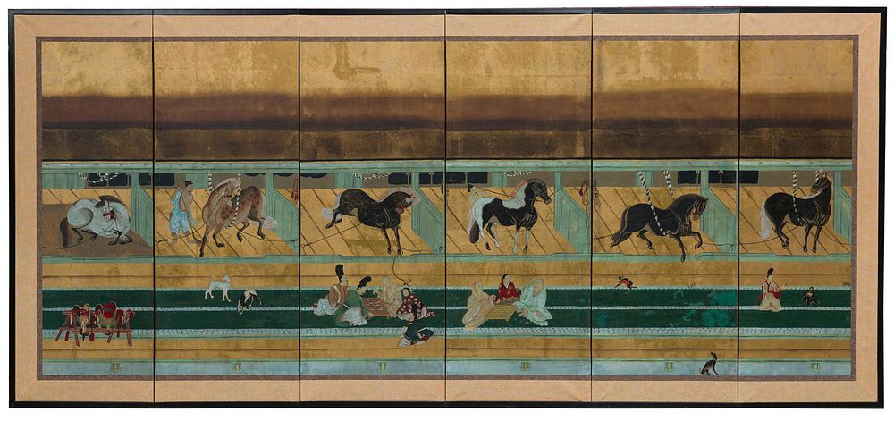 Lot 150: Japanese Gouache on Paper Screen after "Horses and Groo