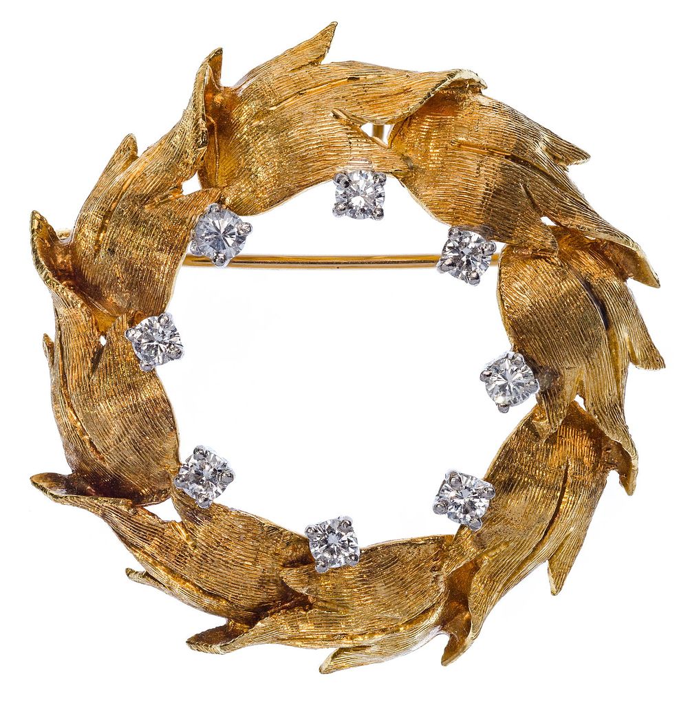 Lot 266: 18k Yellow Gold and Diamond Leaf Brooch / Pendant