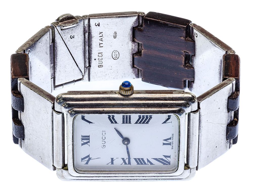 Lot 319: Gucci Silver and Exotic Wood Wrist Watch