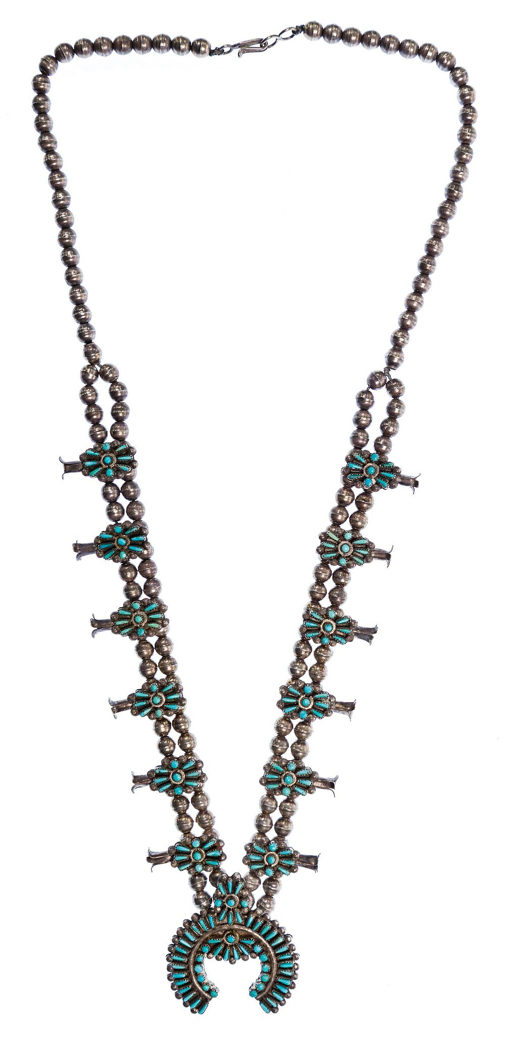 Lot 334: Mixed Silver and Turquoise Squash Blossom Necklace