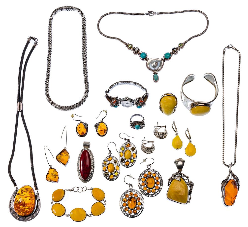 Lot 340: Sterling Silver, Amber and Turquoise Jewelry Assortment