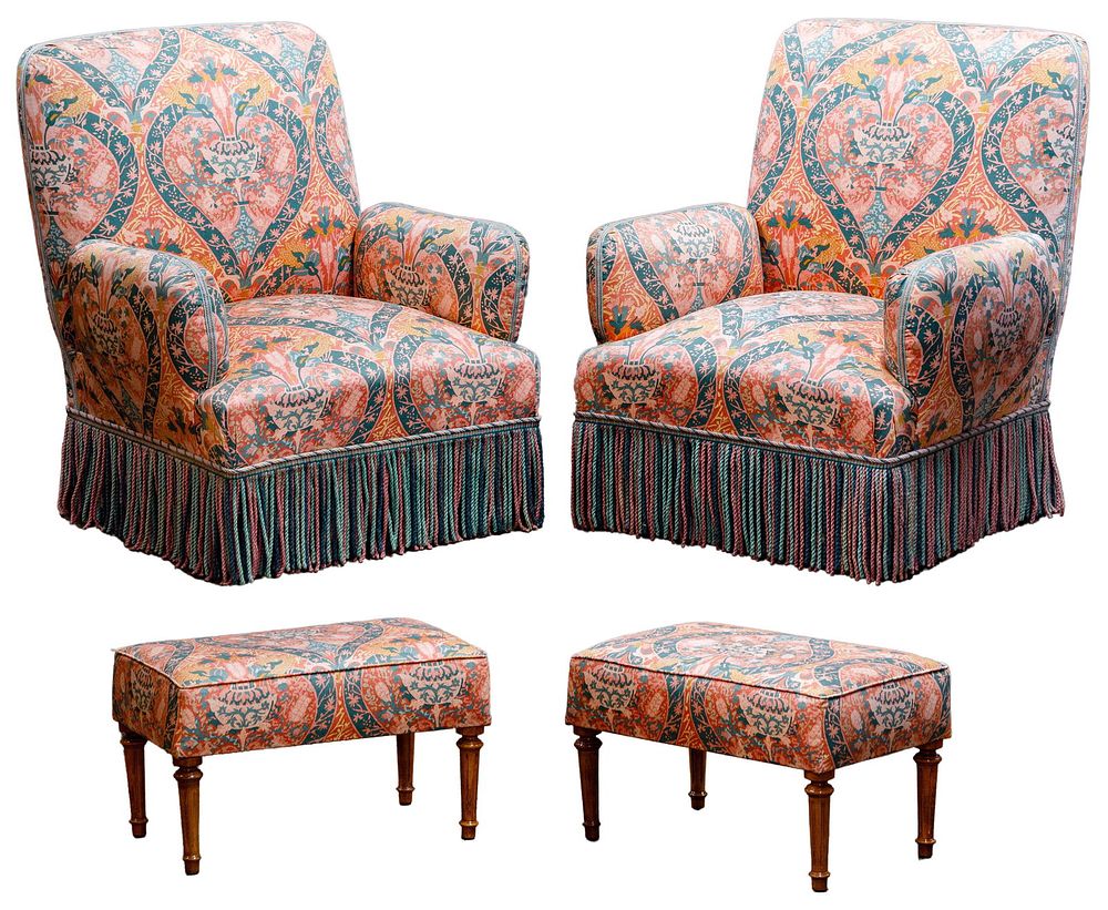 Lot 35: Toiles de Mayenne Floral Upholstered Chair and Ottoman