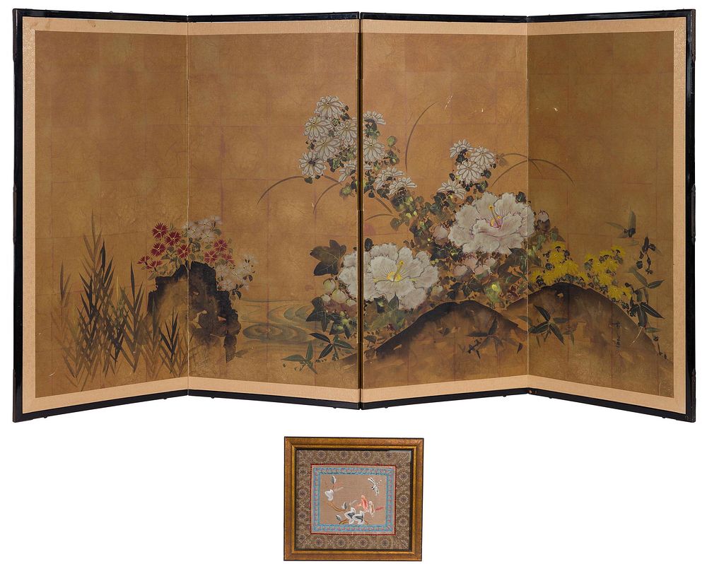 Lot 113: Asian Screen and Embroidery