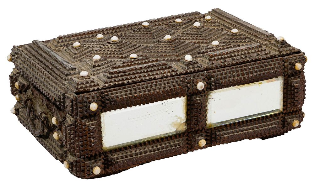 Lot 393: Tramp Art Jeweled and Mirrored Box