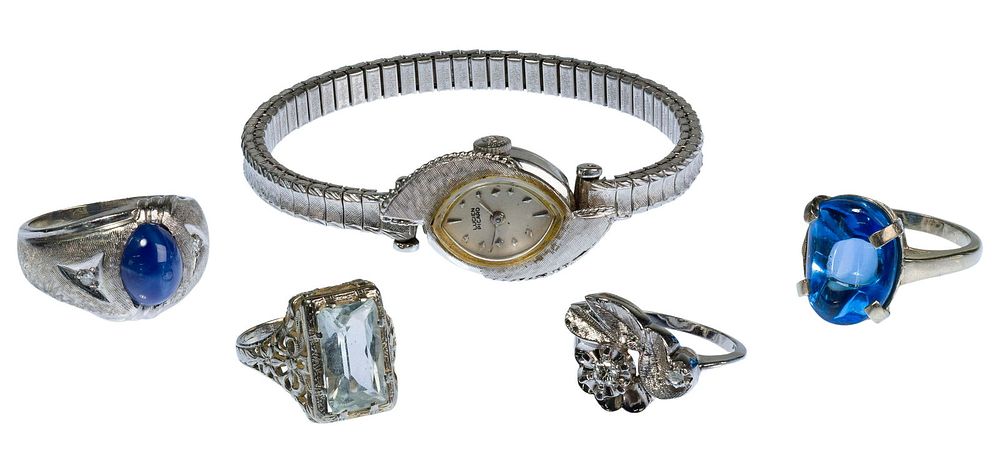 Lot 448: 14k White Gold, Gemstone and Diamond Ring and Watch