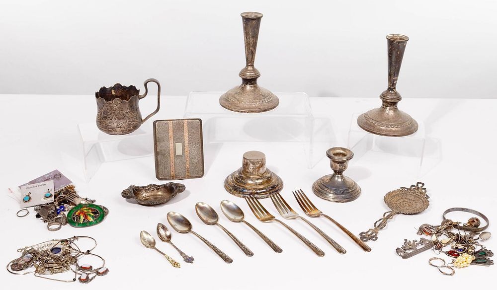 Lot 487: Sterling Silver Jewelry, Flatware and Hollowware