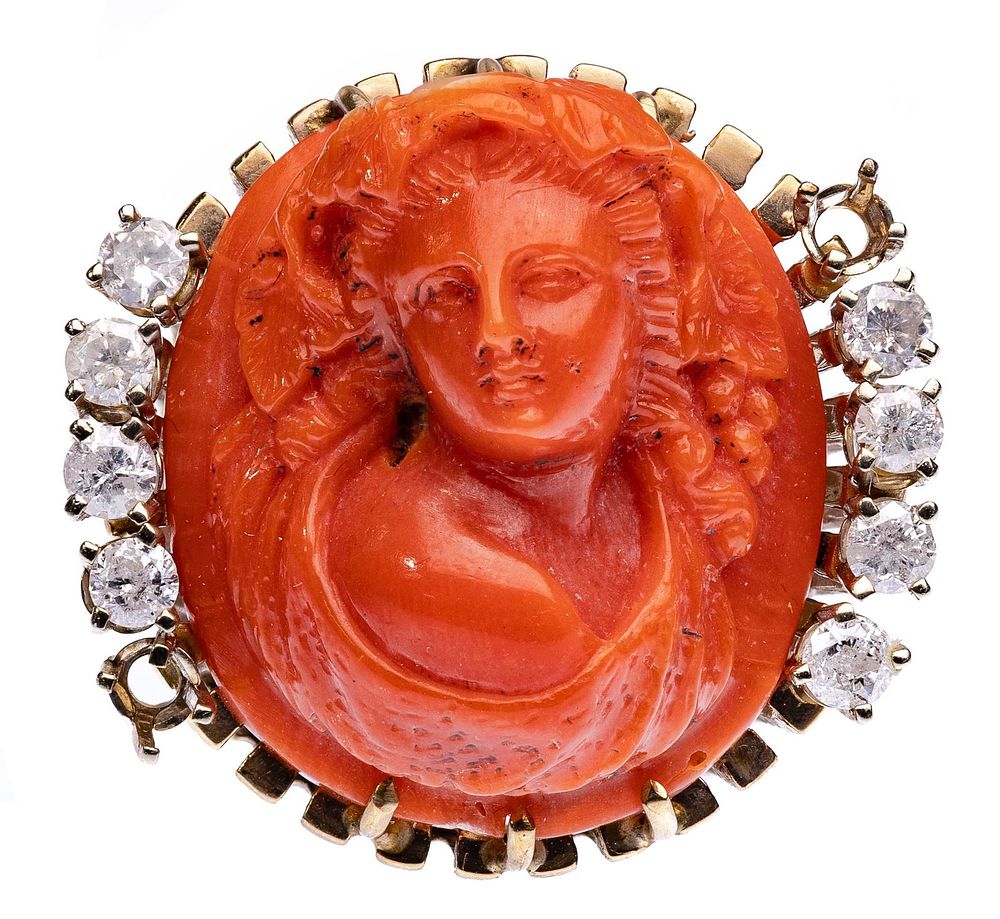 Lot 296: Yellow Gold Filled, Coral Cameo and Diamond Ring