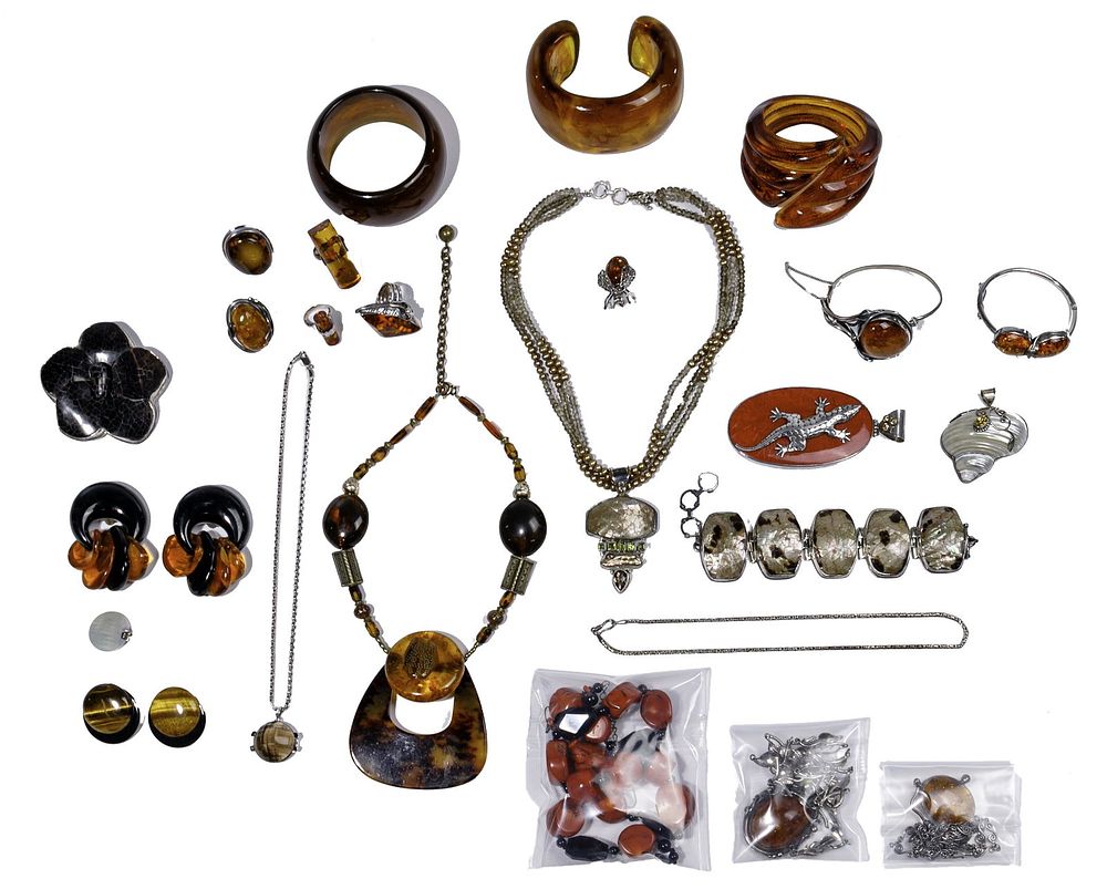 Lot 305: Sterling Silver, Amber, Coral and Tiger Eye Jewelry