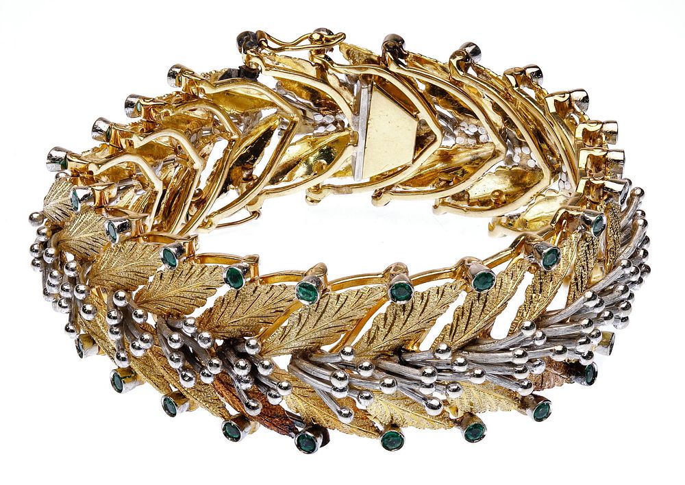 Lot 245: 18k Bi-Color Gold and Emerald Leaf-form Bracelet